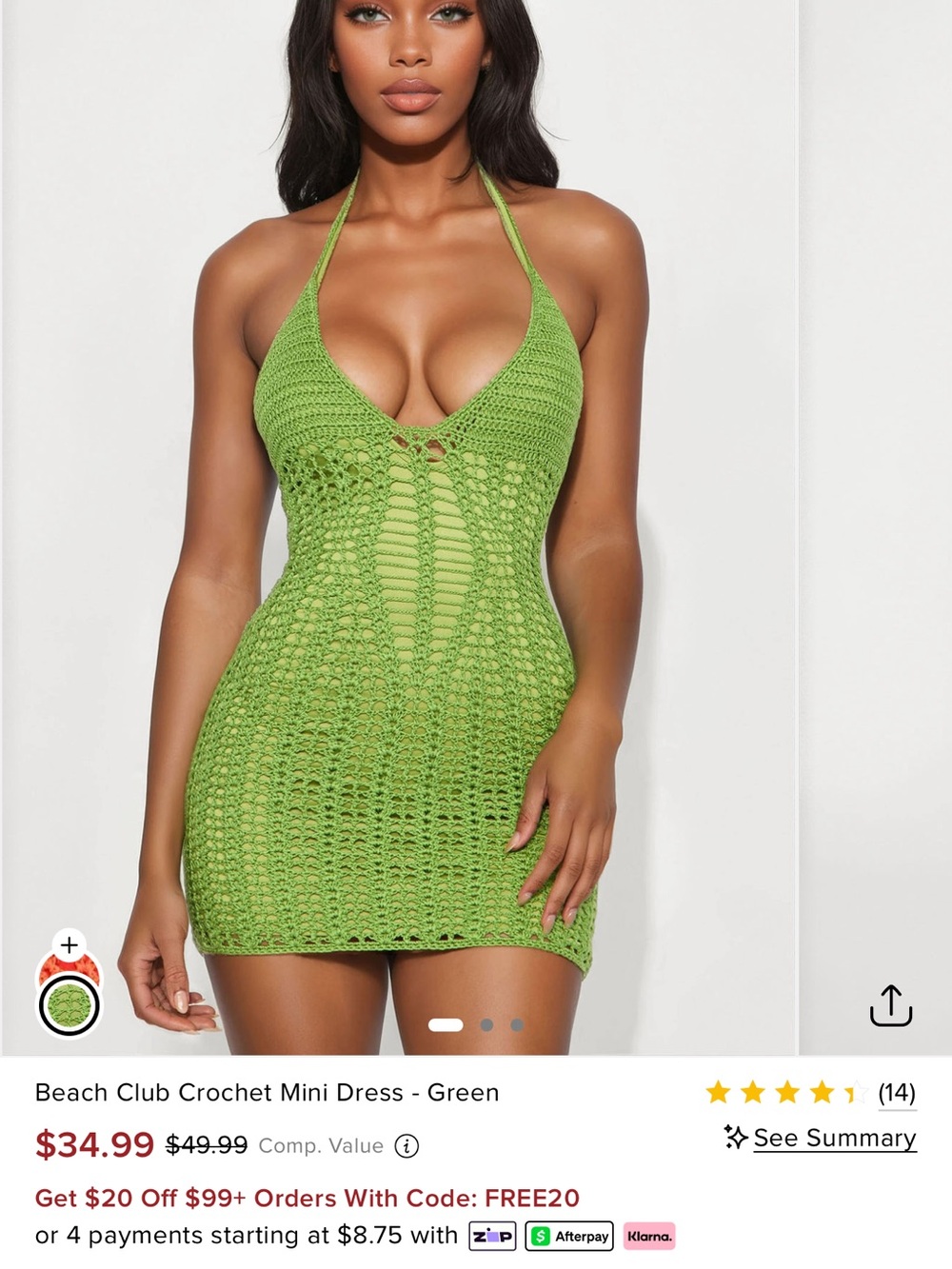 Green Crochet Halter Mini Beach Dress